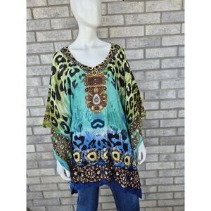 Jessie Zhao Kaftan Top Womens Plus Size Boho Tunic Animal Print Beaded Resort